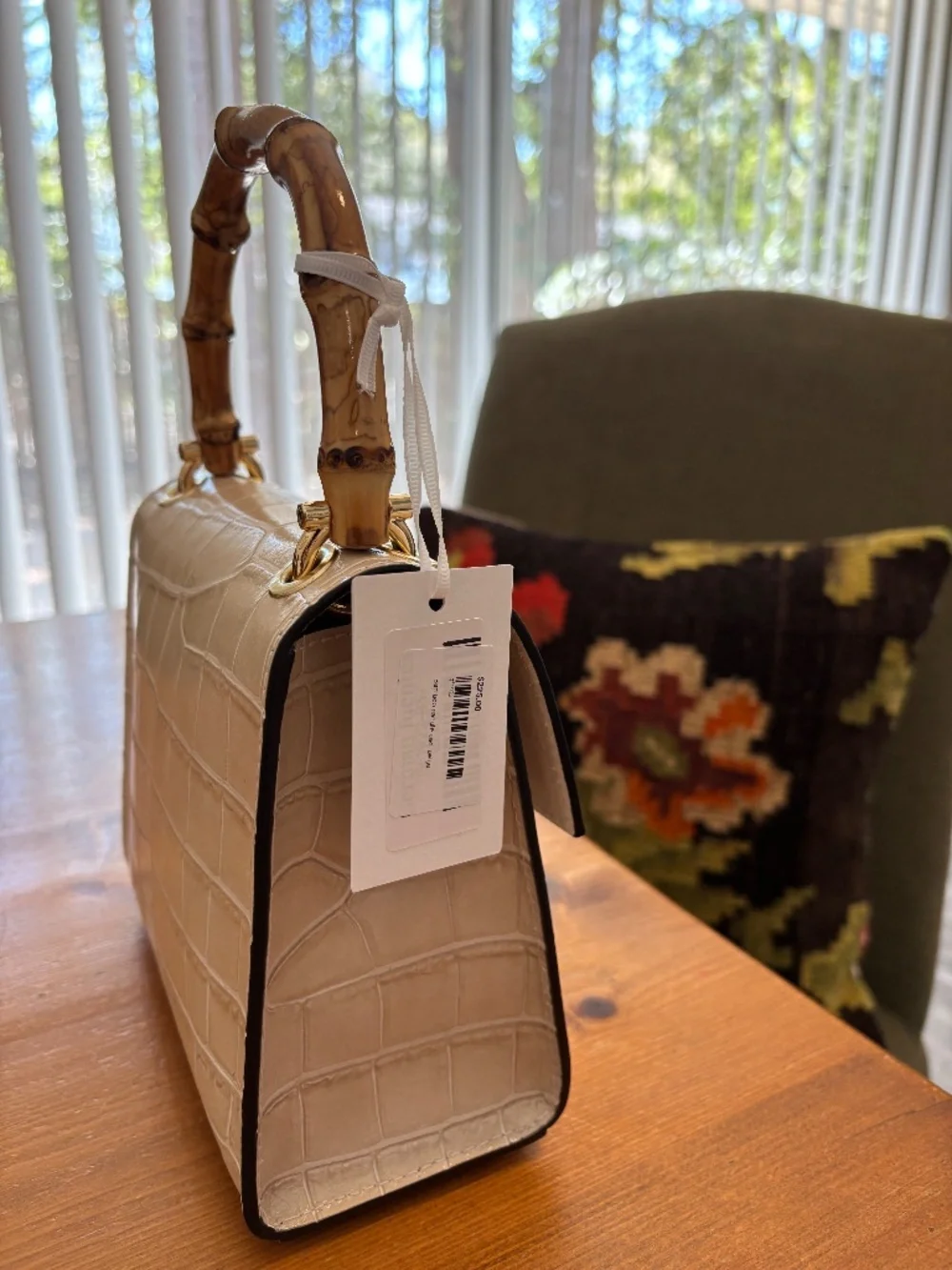 NWT Bamboo Handle Mini Handbag in Beige Italian Croc Leather Top Handle
